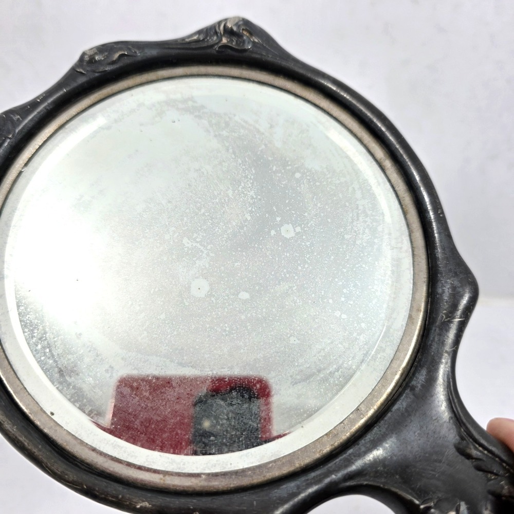 Vintage Art Nouveau Repousse Handheld Mirror Bevelled Glass 10" x 5.5" - Picture 4 of 11